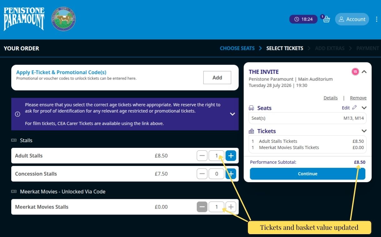 Meerkat Movies Screenshots - 5. Tickets and Basket Value Updated